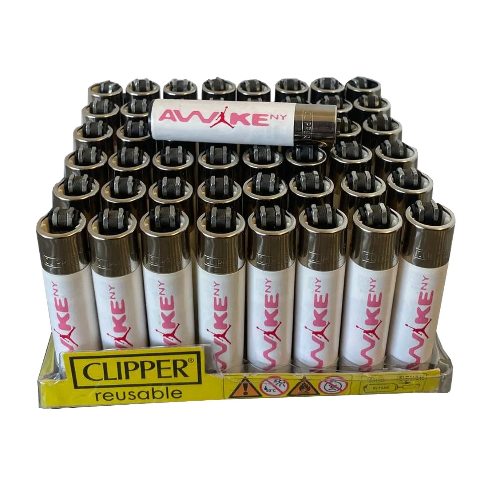 Custom Clipper lighters with sleek white design featuring Awake New York logo and branding, arranged on display.  'Awake NY' branding on a white background