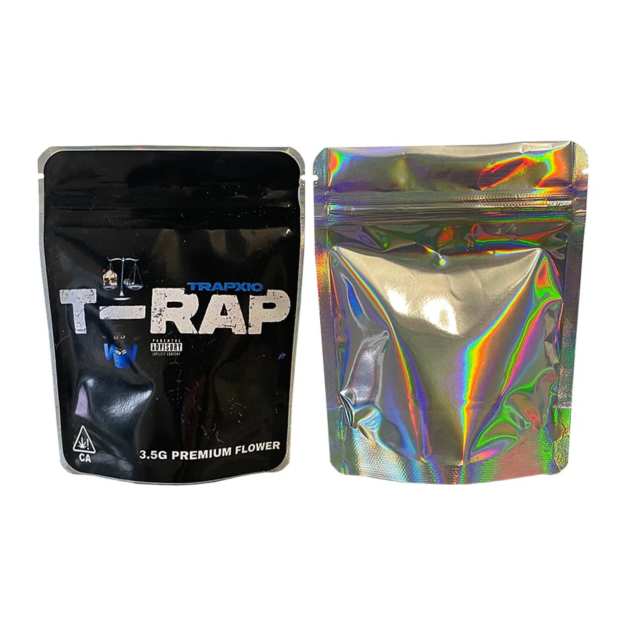 Custom printed mylar bags in matte black with full colour artist branding