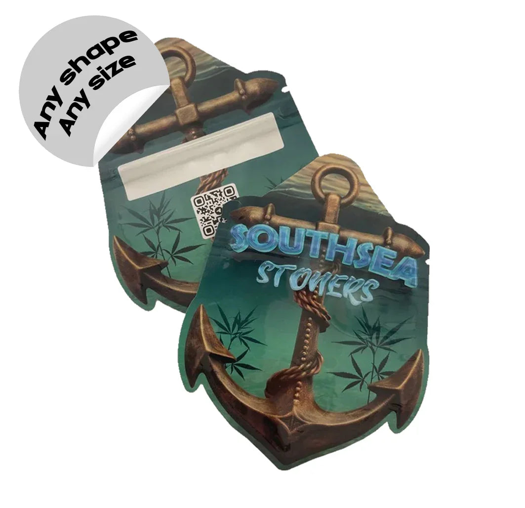 Custom-shaped die-cut Mylar bag for CBD products, featuring bespoke printed packaging and premium shelf-ready branding.