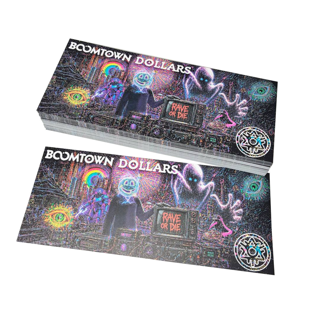 Custom novelty bank notes featuring original decorative artwork and fictional denominations, designed as souvenir or novelty items.