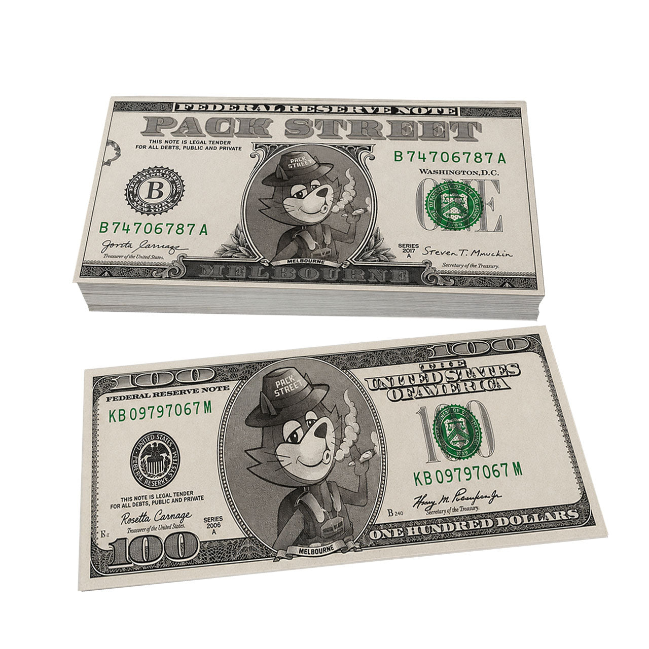 Printed custom novelty bank notes featuring original designs and fictional denominations.