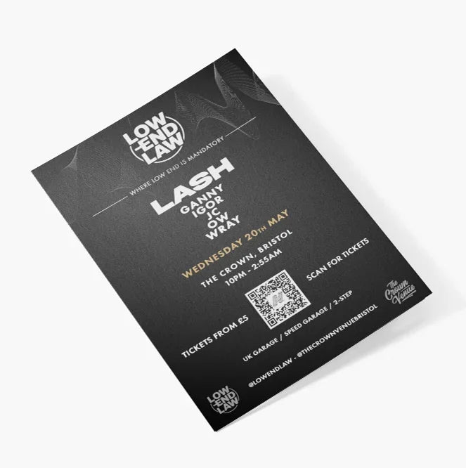 Custom music event flyer design by Cloud N9ne featuring black background with white and gold text for Lash dnb drum and bass event.