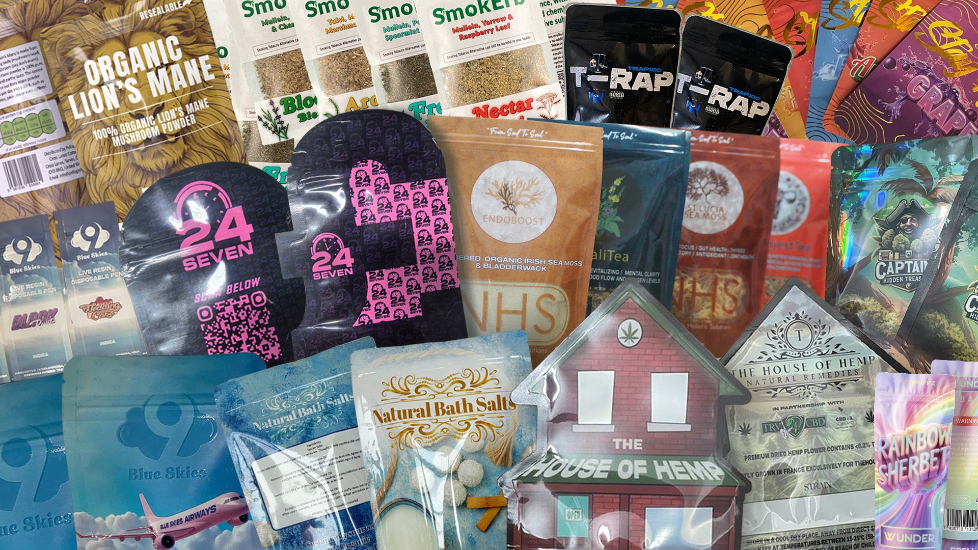 Range of custom printed Mylar bags including stand-up pouches, custom-shaped bags, flat pouches, and various packaging sizes for branded products.
