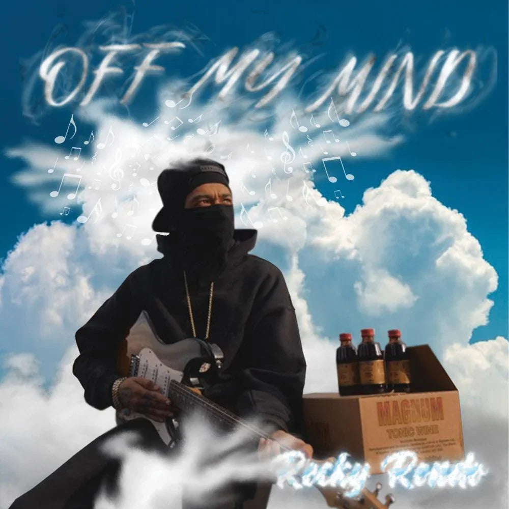 Custom album cover design service for Recky Rondo 'Off My Mind' featuring him in clouds playing guitar