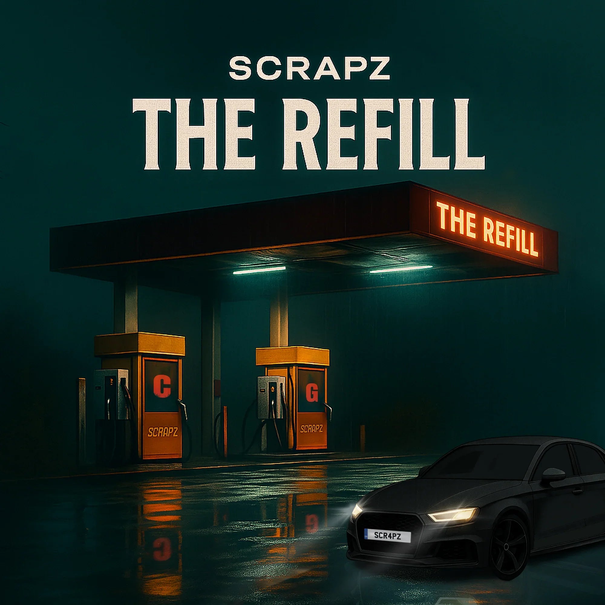 Custom album cover design service for Scrapz 'The Refill' featuring petrol station and car artwork