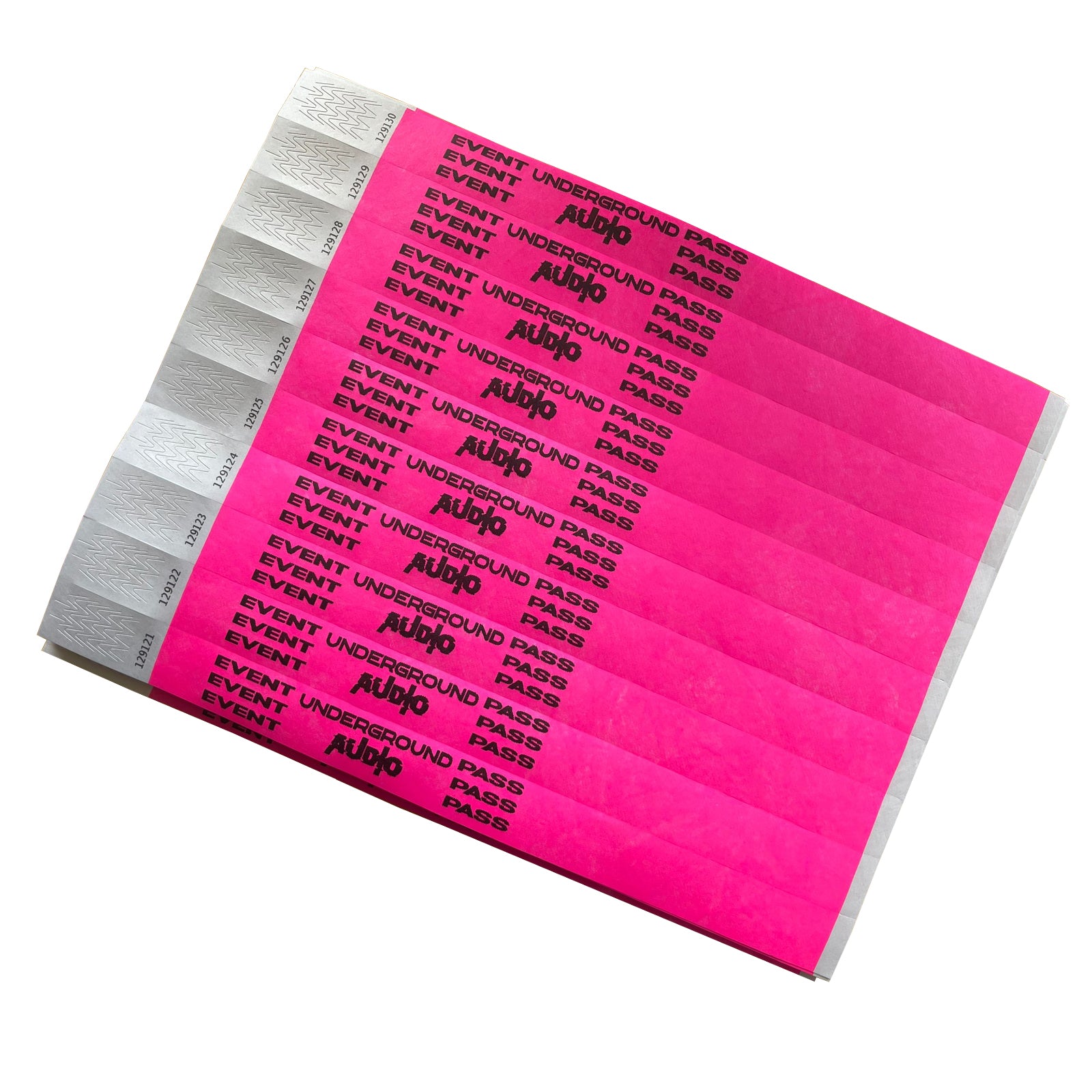 Custom printed event passes in Pink with black text on a white background