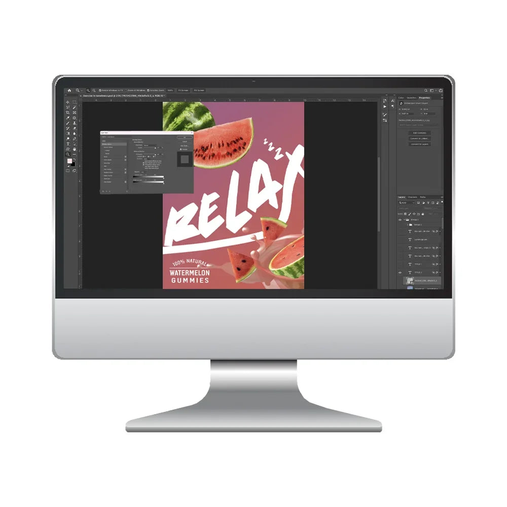 Computer monitor displaying a graphic design software with a mylar  bag packaging design on screen