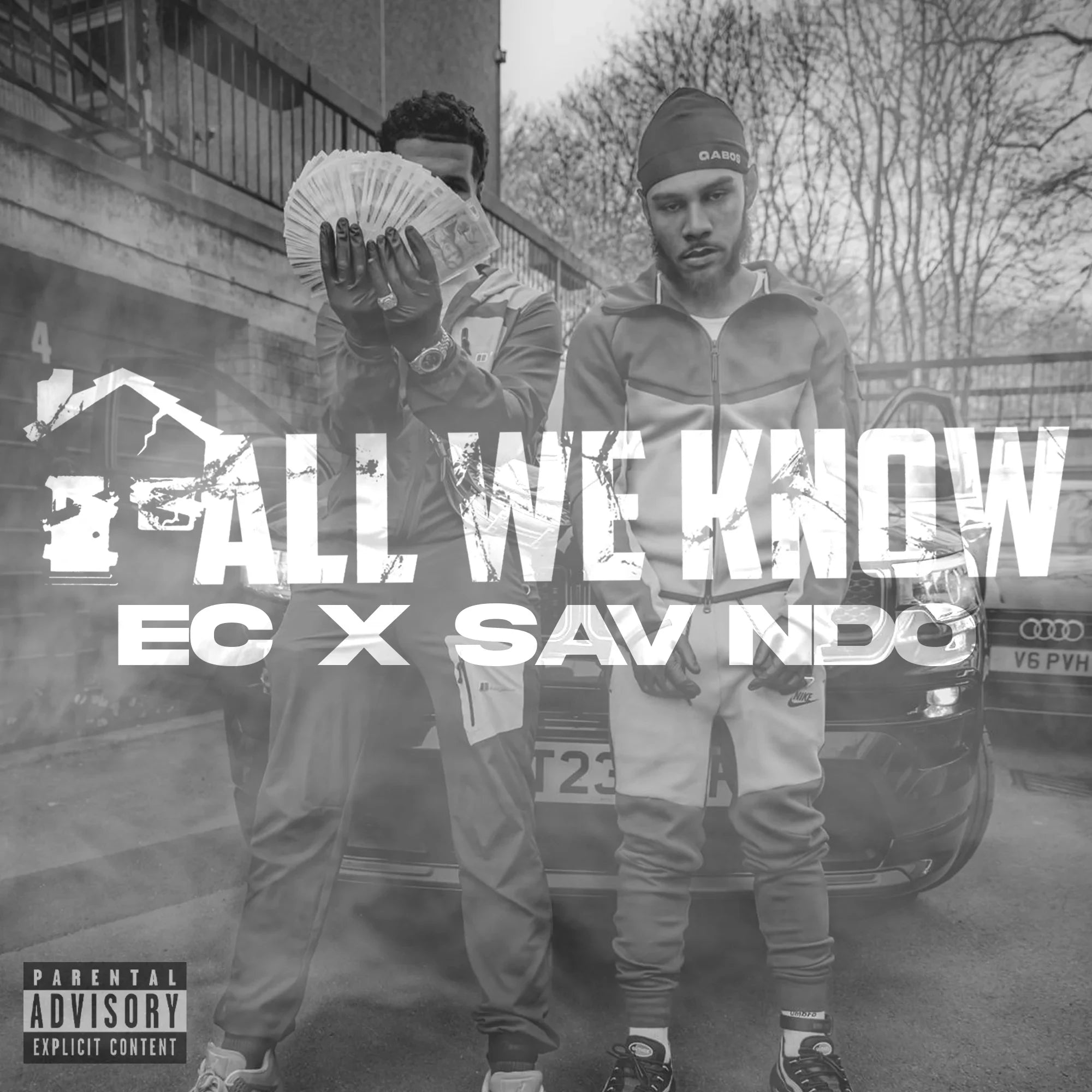 Custom album cover design service for EC and Savndo 'All We Know' featuring them standing in front of car digital artwork