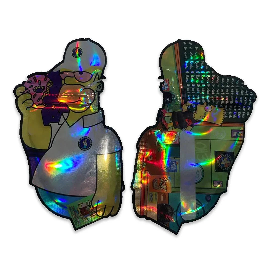 custom mylar bags holographic finish, custom shape bart simpson style mylar bag