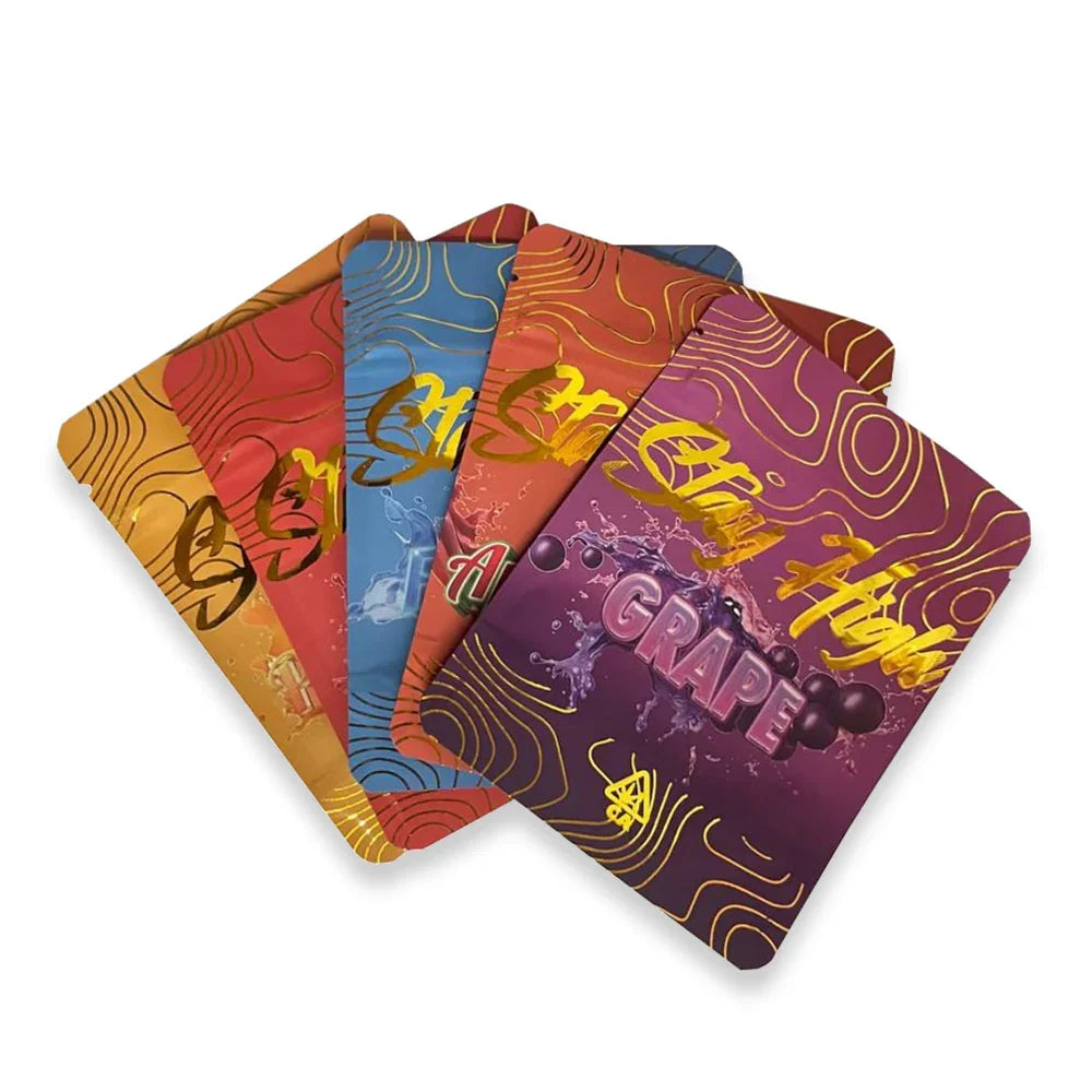 Luxury mylar bags with custom gold foil printing and resealable zipper.