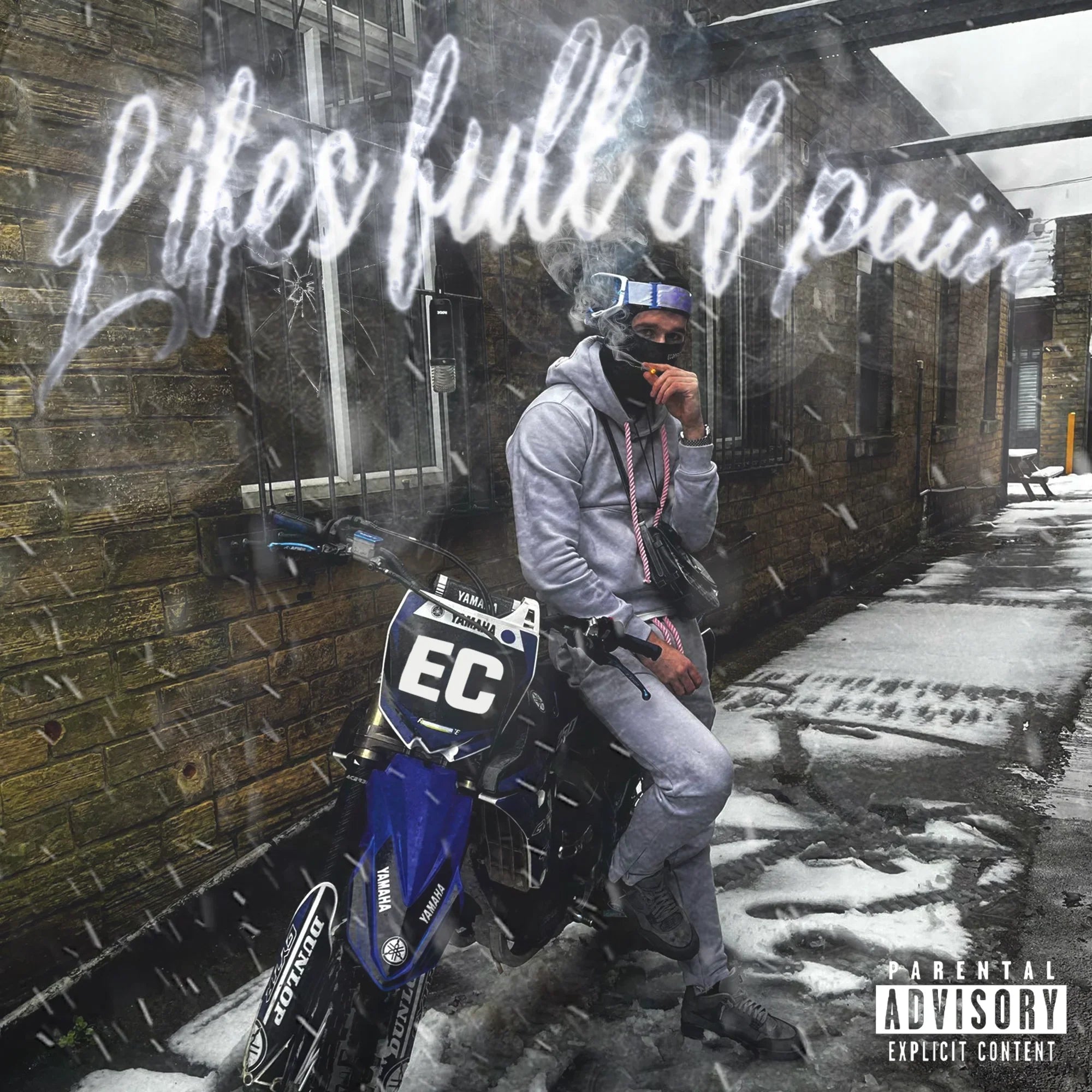 Custom album cover design service for EC 'Life’s Full of Pain' featuring him with motocross bike in snowy scene